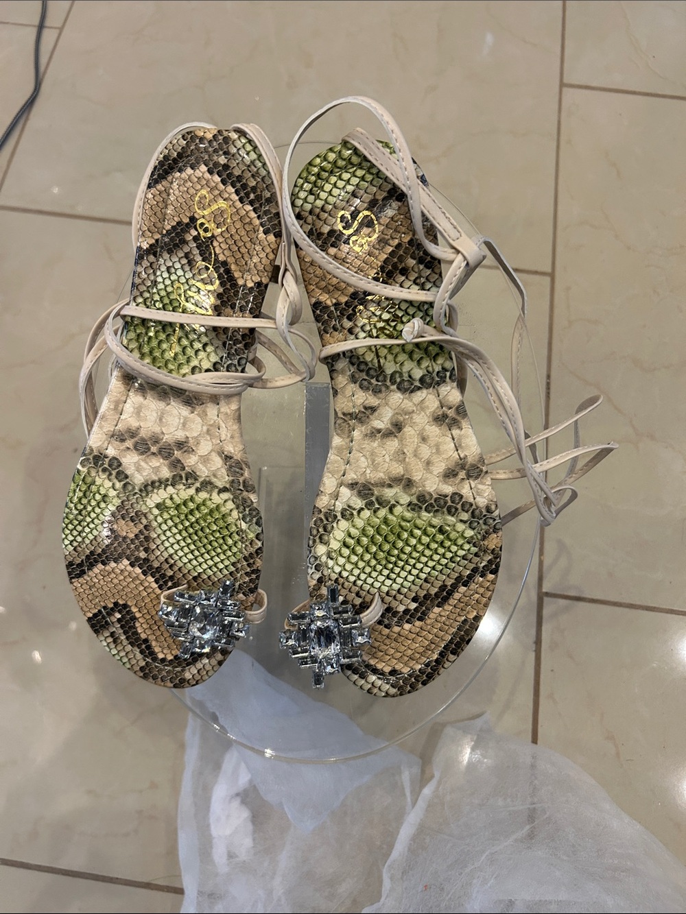 So Me Beige and Green Snake-Print Strappy Sandals with Crystal Accent